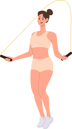Personagem de mulher jovem fitness pulando corda de pular  Ilustração