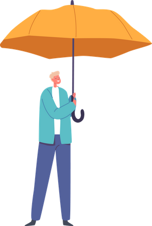 Personagem de menino segurando guarda-chuva amarelo aberto e protegido da chuva  Ilustração