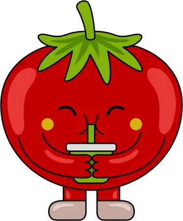 Personagem mascote de tomate bebendo suco  Ilustração