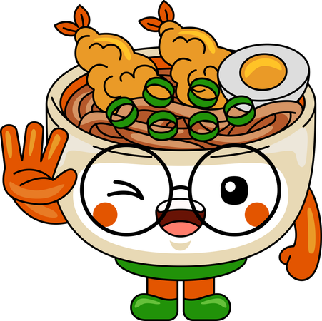 Personagem mascote Udon dizendo olá  Ilustração