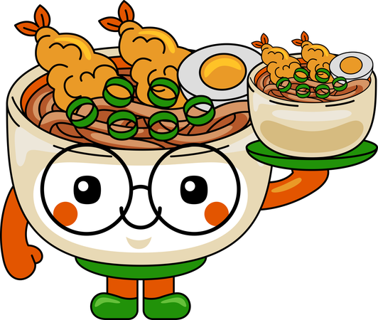 Personagem mascote Udon segurando tigela de Udon  Ilustração