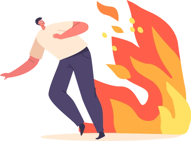 Personagem masculino assustado escapando do fogo  Ilustração