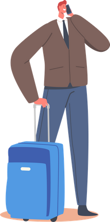 Personagem masculino com bagagem segurando um smartphone nas mãos, aguardando a partida na área terminal do aeroporto  Ilustração