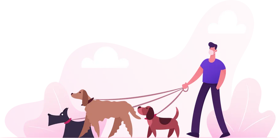 Personagem masculino com máscara médica protetora andando com equipe de cães no parque na quarentena do vírus Corona  Ilustração