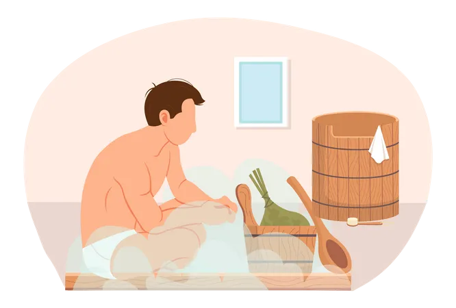 Personagem masculino em banho de vapor quente ao lado da fonte de madeira. O homem está sentado e relaxando na sauna  Ilustração