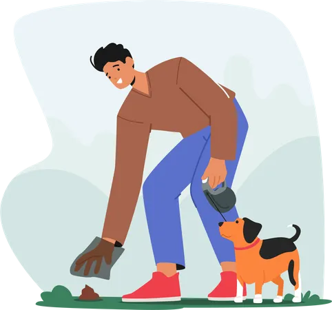 Personagem masculino limpando cocô em saco plástico depois de seu cachorro no parque  Ilustração