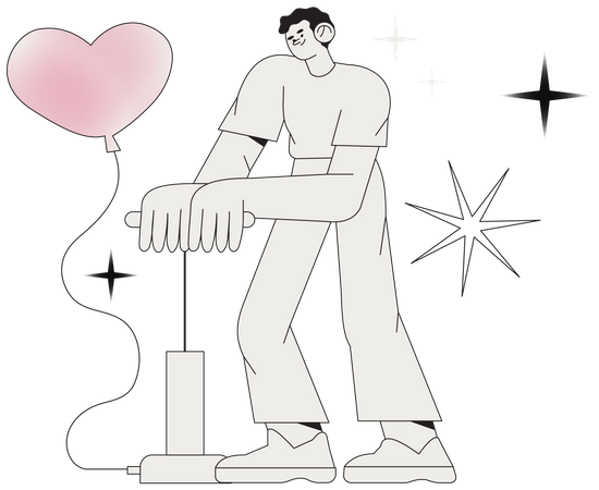 Personagem masculino soprando balão em forma de coração  Ilustração
