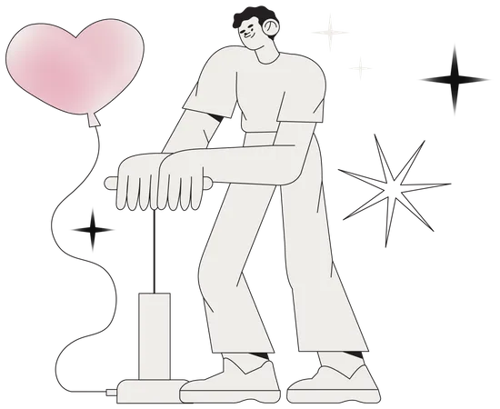 Personagem masculino soprando balão em forma de coração  Ilustração