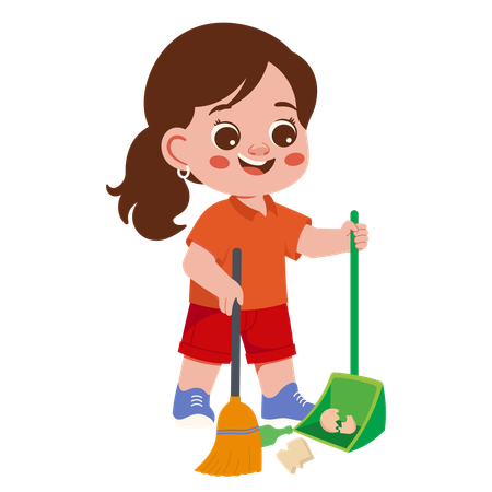 Personagem de menina limpando lixo varrendo lixo  Ilustração