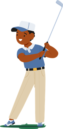 Personagem de menino concentrado em partida de golfe  Ilustração