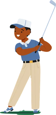 Personagem de menino concentrado em partida de golfe  Ilustração