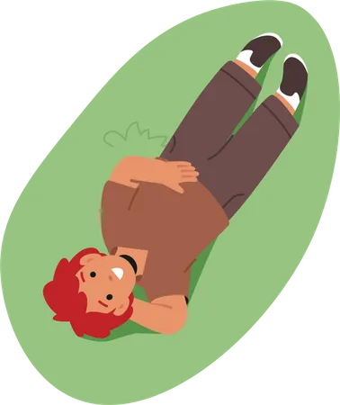 Personagem de garotinho deitado em um prado verde  Ilustração