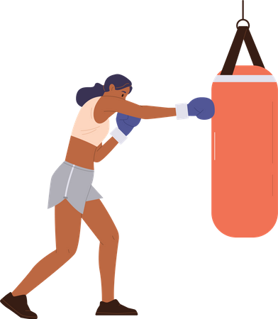 Personagem de mulher esportiva usando luvas de boxe com saco de pancadas  Ilustração