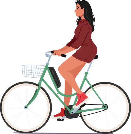 Personagem feminina manobra graciosamente uma bicicleta elétrica pelas ruas da cidade  Ilustração