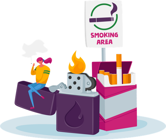 Personagem de mulher minúscula fumando cigarro em área especial com sinal sentado e enorme isqueiro. Garota tem prazer em fumar  Ilustração