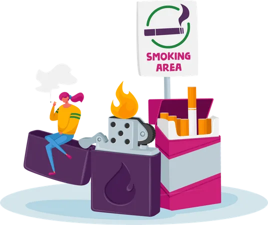 Personagem de mulher minúscula fumando cigarro em área especial com sinal sentado e enorme isqueiro. Garota tem prazer em fumar  Ilustração