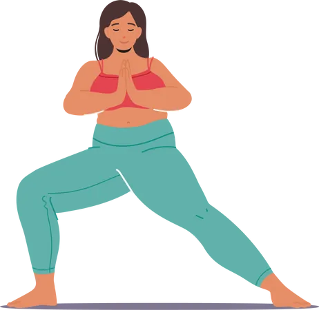 Personagem de mulher plus size tranquila e relaxada praticando ioga graciosamente  Ilustração