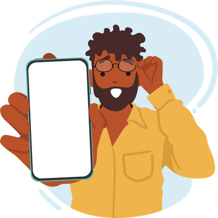 Personagem de homem negro chocado exibindo a tela do smartphone  Ilustração