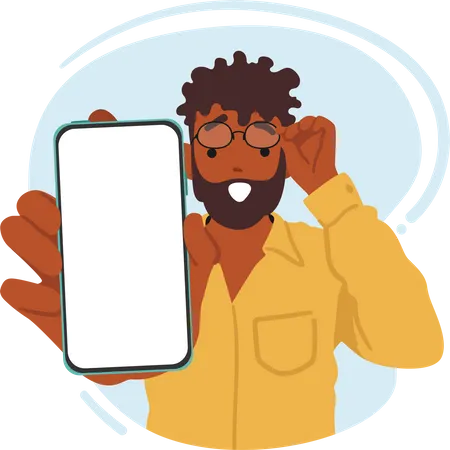 Personagem de homem negro chocado exibindo a tela do smartphone  Ilustração