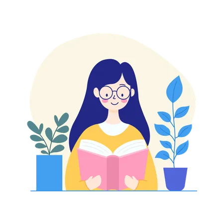 Personagem Nerd Girl Usando Óculos Lendo um Livro na Biblioteca  Ilustração