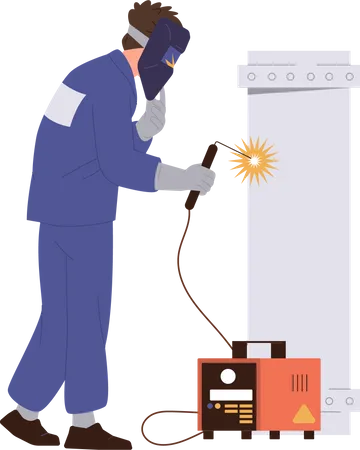 Personagem de soldador usando aparelho de máquina de solda a arco para trabalho  Ilustração
