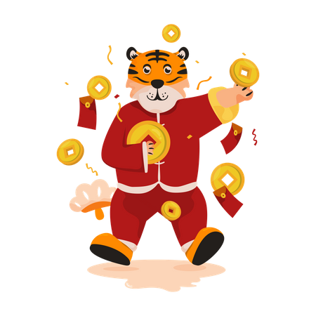 Personagem tigre com moeda chinesa  Ilustração