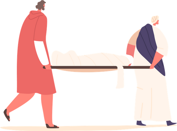 Personagens de apóstolos enlutados carregam com ternura o corpo sem vida de Jesus em macas  Ilustração