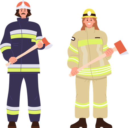 Personagens de bombeiro adulto jovem e mulher vestindo uniforme  Ilustração