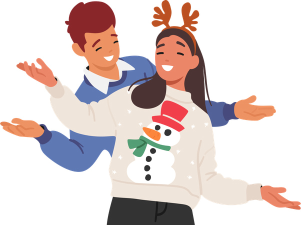 Personagens de casais alegres em suéteres aconchegantes de Natal  Ilustração