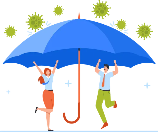 Personagens da empresa se alegram sob o guarda-chuva protegidos contra Covid  Ilustração