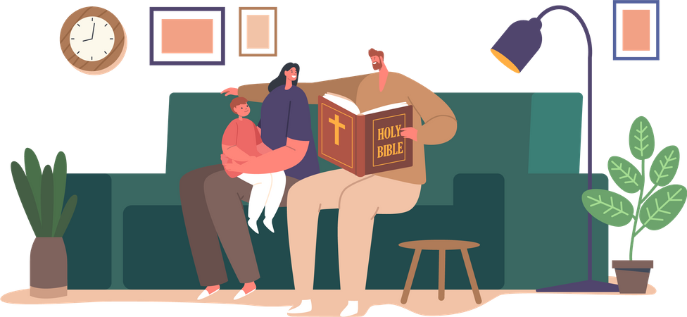 Personagens de famílias cristãs reunidos empenhados na leitura da Bíblia  Ilustração