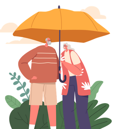 Personagens de casal sênior ficam sob o guarda-chuva  Ilustração