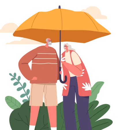 Personagens de casal sênior ficam sob o guarda-chuva  Ilustração