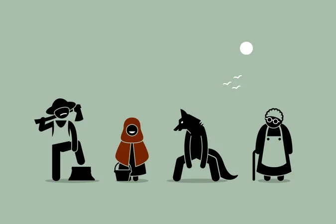 Personagens de Chapeuzinho Vermelho, Lobo, Lenhador e Avó em pictograma de bonecos palito  Ilustração