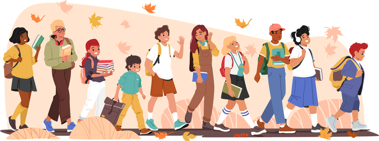 Personagens de crianças em idade escolar de diferentes idades indo estudar na escola  Ilustração