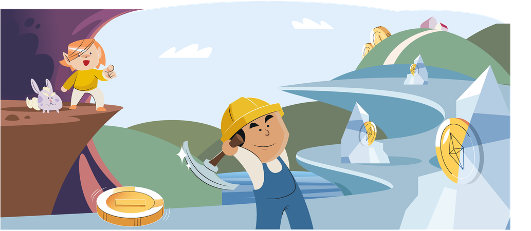 Personagens de desenhos animados cibernéticos jogando para ganhar criptomoedas  Ilustração