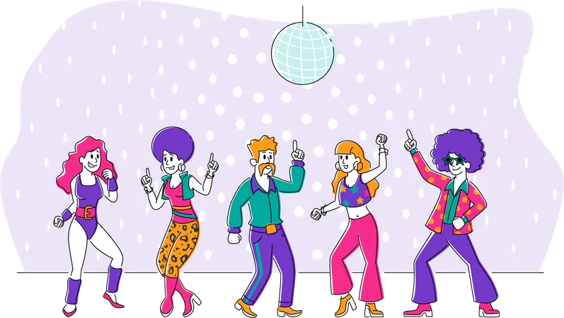 Personagens elegantes de homens e mulheres dos anos 80 dançam em uma festa retrô em boate  Ilustração