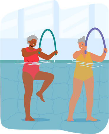 Personagens femininas sênior se exercitando na piscina  Ilustração