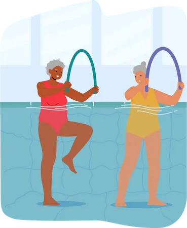 Personagens femininas sênior se exercitando na piscina  Ilustração