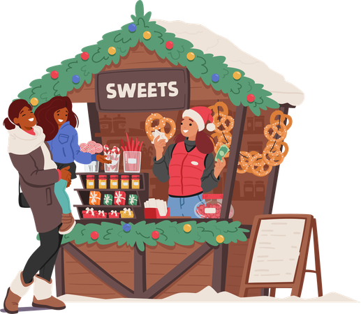 Personagens de mãe e filha se reúnem na barraca da feira de Natal com vendedora vendendo doces  Ilustração
