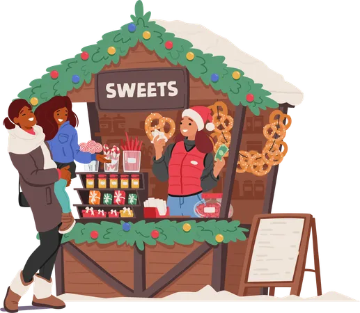 Personagens de mãe e filha se reúnem na barraca da feira de Natal com vendedora vendendo doces  Ilustração