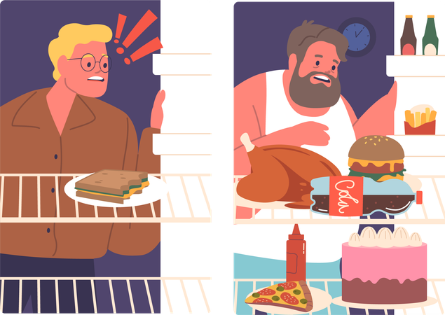 Personagens masculinos abrindo geladeiras, olhando para dentro e escolhendo comer  Ilustração