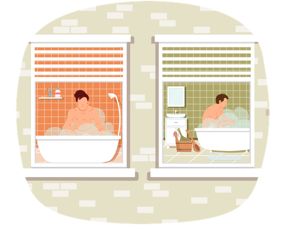 Personagens masculinos deitados e relaxando em água quente  Ilustração