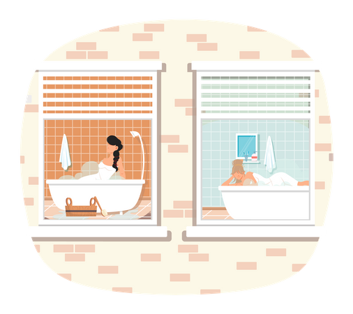 Personagens masculinos deitados e relaxando em água quente. Vista da janela de caras descansando na sauna em casa  Ilustração