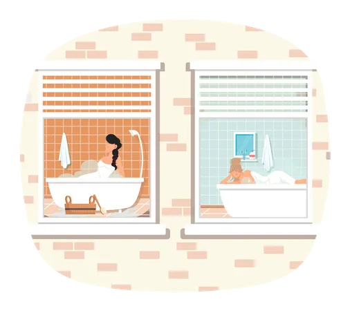 Personagens masculinos deitados e relaxando em água quente. Vista da janela de caras descansando na sauna em casa  Ilustração