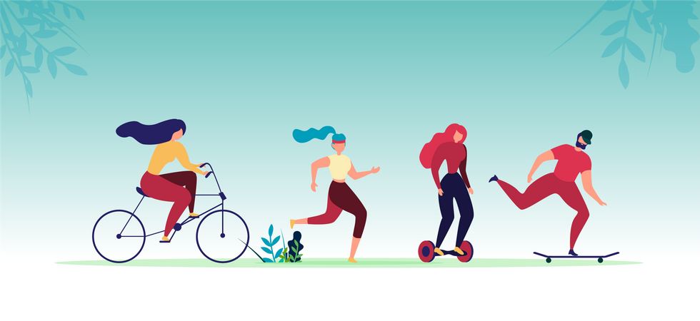 Personagens masculinos e femininos andando de bicicleta, correndo, andando de giroscooter e skate  Ilustração