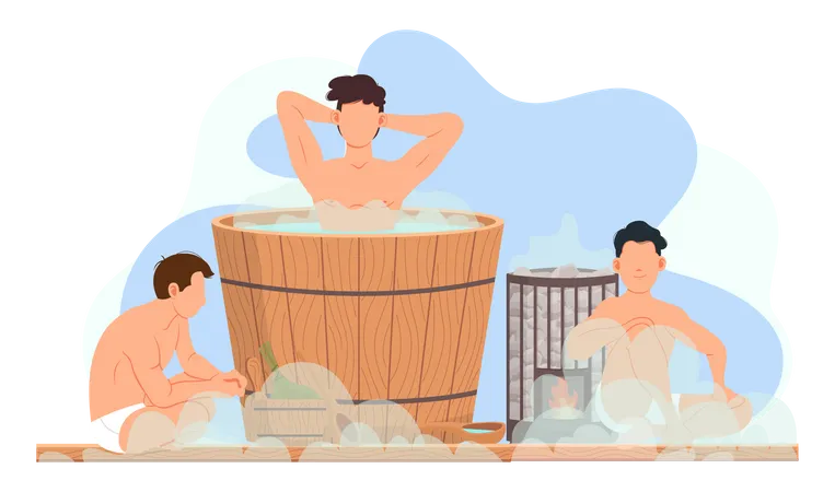 Personagens masculinos em vapor quente, passando tempo e se comunicando na sauna  Ilustração