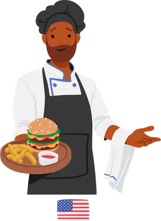 Personaje de chef estadounidense presenta con orgullo una bandeja con una deliciosa variedad de comida rápida  Ilustración