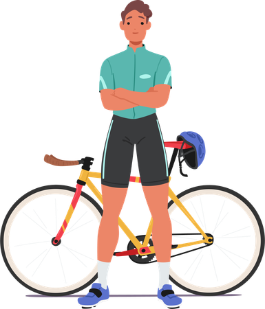 El personaje ciclista deportista confiado se encuentra con los brazos cruzados, exudando determinación al lado de su elegante bicicleta  Ilustración