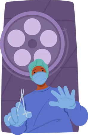 Carácter de cirujano enfocado en bata de laboratorio maniobrando con instrumentos  Ilustración